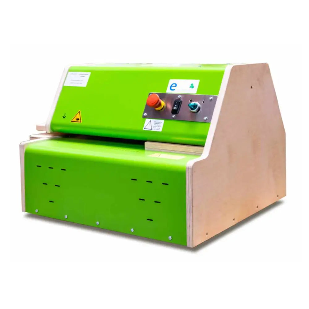 Green and wood-colored Cushion Pack CP333NTI eco-friendly cardboard shredder with control panel