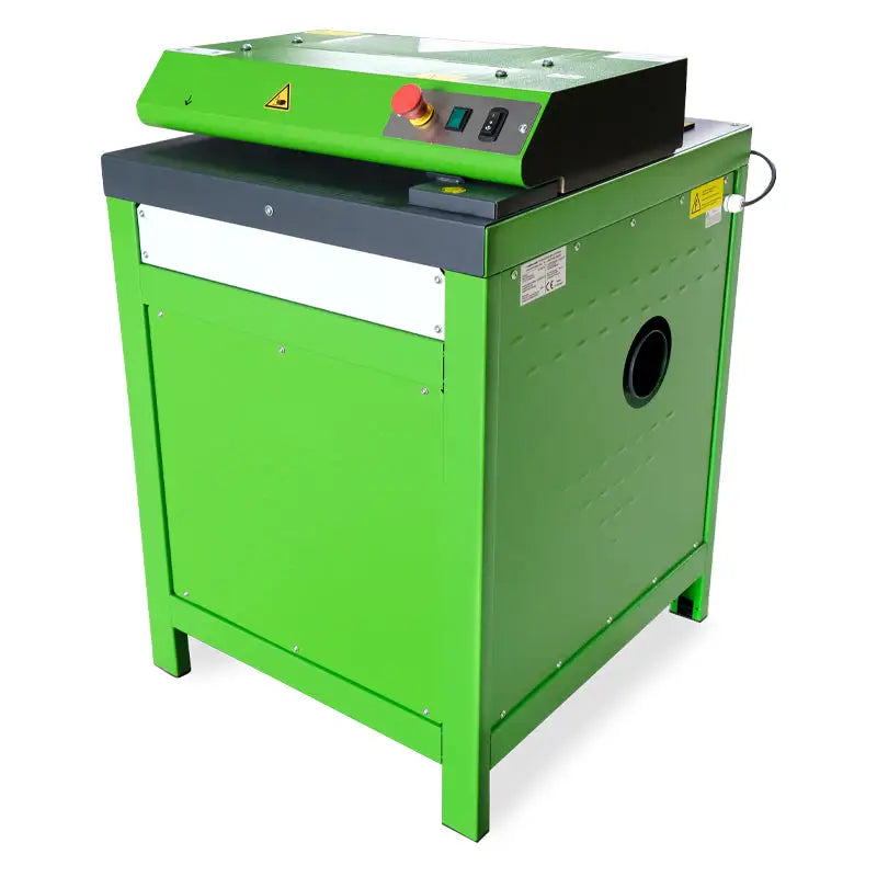 Green and gray laser engraving machine on CP422S3i-3PH industrial cardboard shredding machine for dust extraction