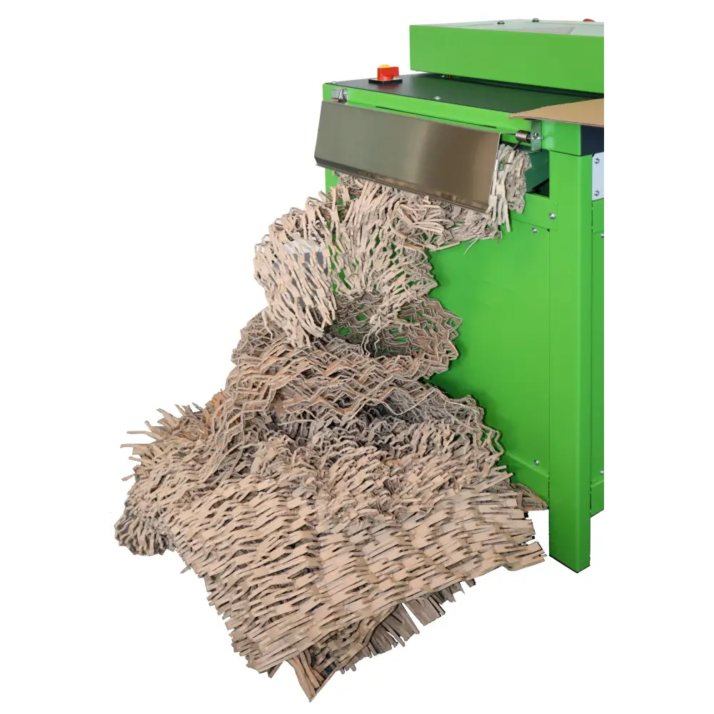 Green paper shredding machine shown in Cushion Pack CP422S3I cardboard shredder with dust extraction