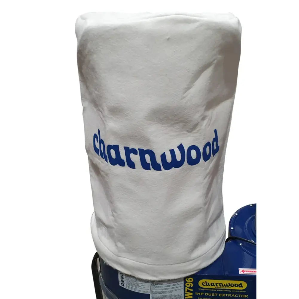 White dust collection bag for Charnwood dust extractor unit used with cardboard shredding machines