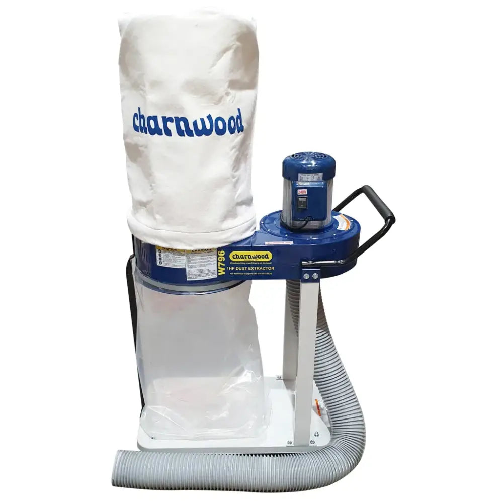 Blue and white dust extractor unit with collection bag for efficient dust removal