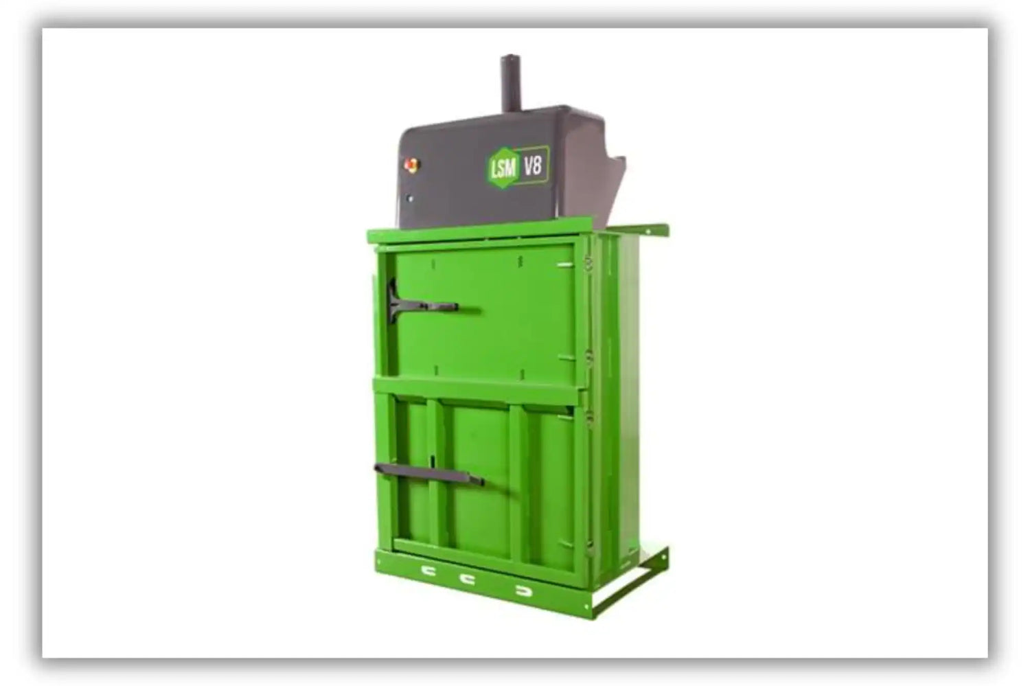 A green industrial baler with a gray top unit.