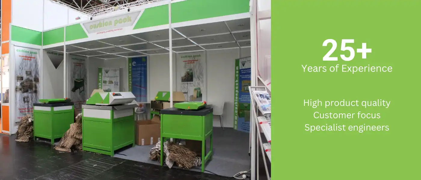 Green and white exhibition booth.