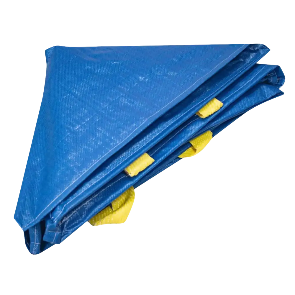 Folded blue tarp with yellow loops for Hard Sided Collecting Void for Cardboard Shredding Machine