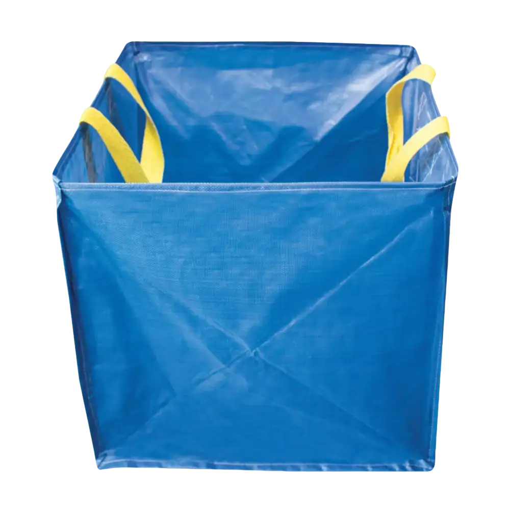 Blue collapsible utility tote with yellow handles for hard sided collecting void in cardboard shredding machine