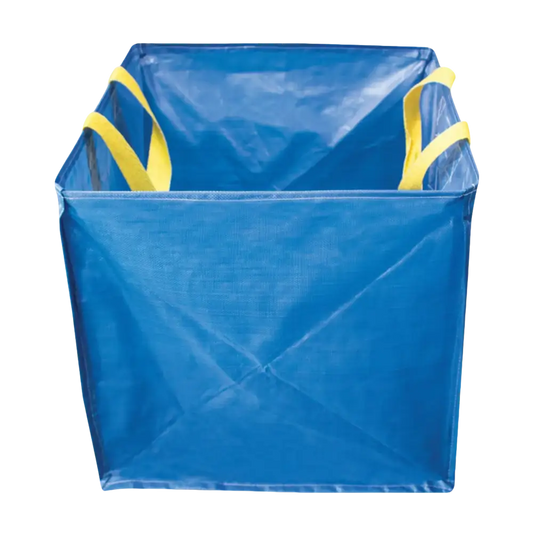 Blue collapsible utility tote with yellow handles for hard sided collecting void in cardboard shredding machine