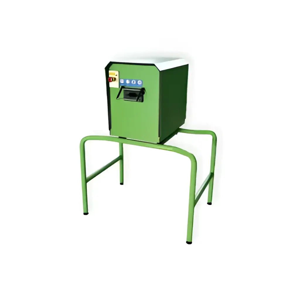 Green and white metal box on a green stand, part of a plastic strap shredding machine for eco-friendly recycling in business & industrial purposes