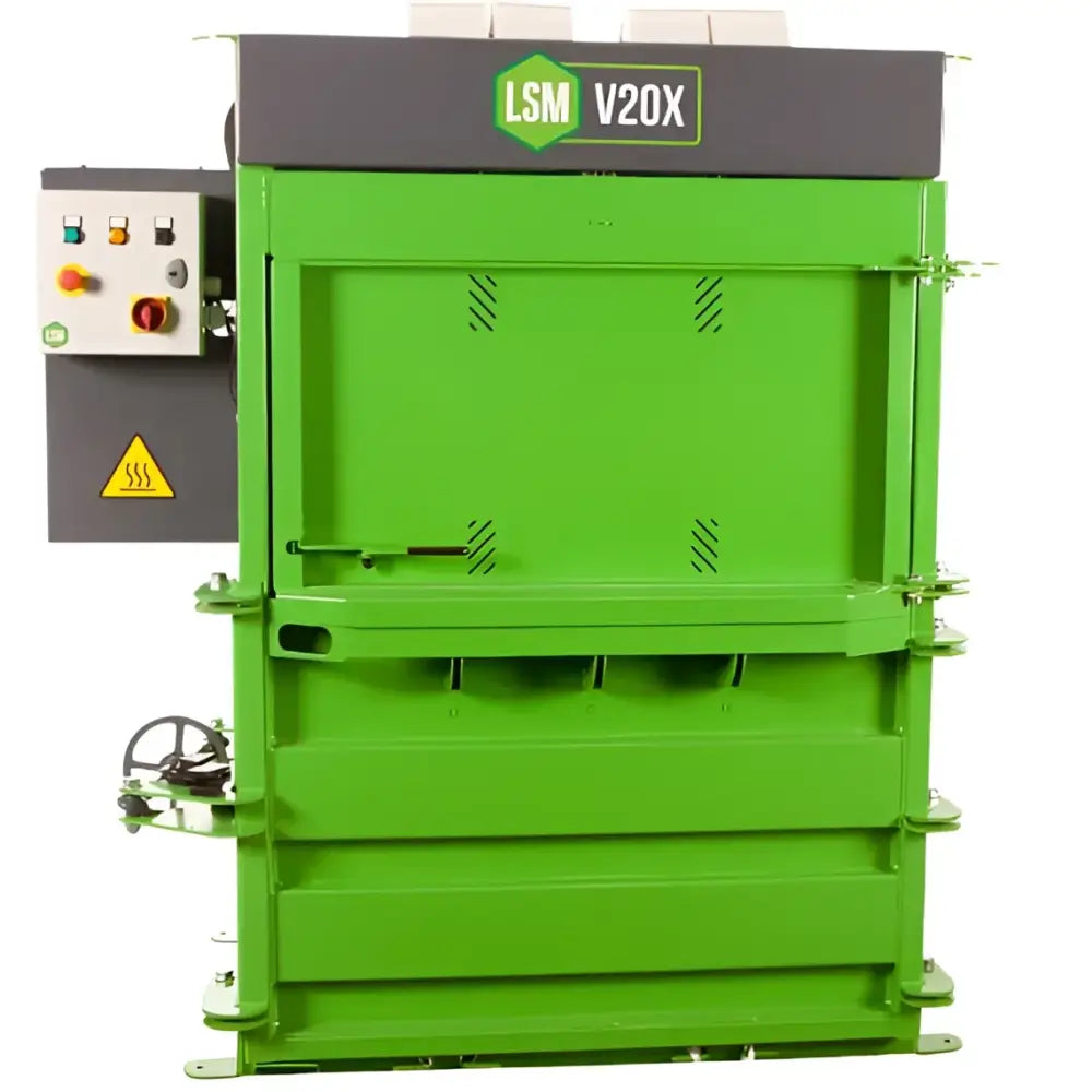 Green and gray V20x Cross Ram cardboard waste baler for low ceiling spaces