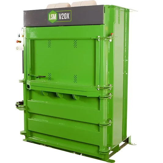 Green industrial V20x Cross Ram cardboard waste baler for low ceiling spaces