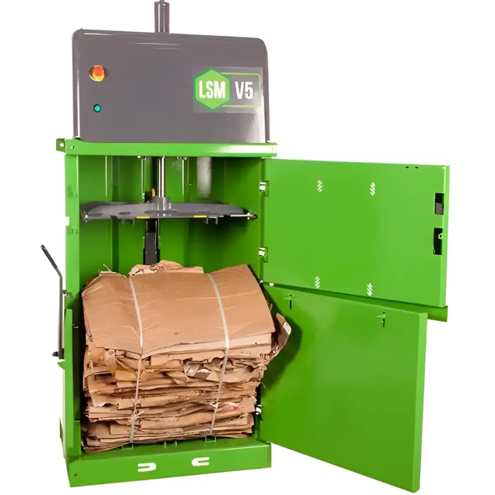 Green and gray cardboard baler with bale ejection system for small cardboard recycling