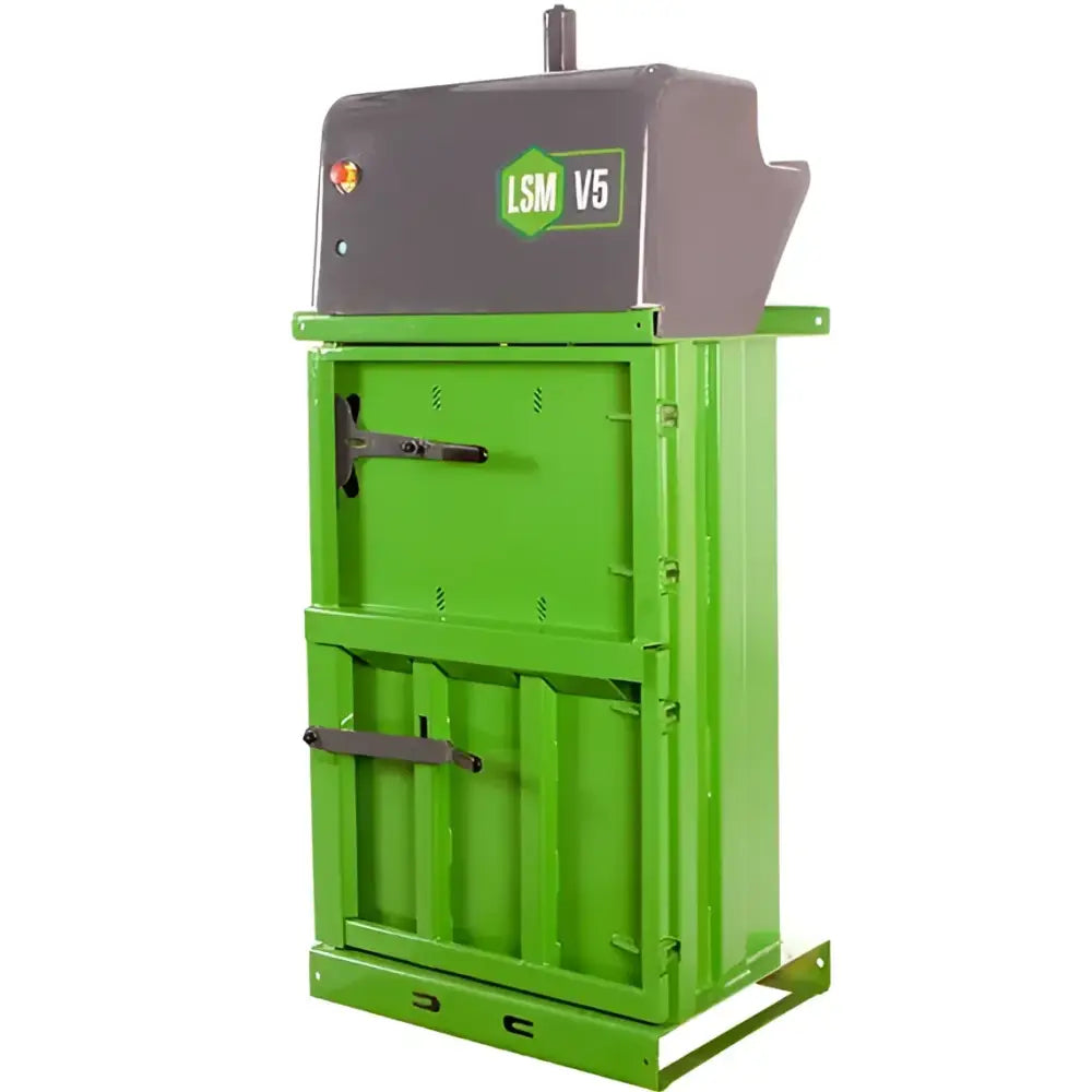 Green and gray vertical waste baler with bale ejection system for small cardboard recycling