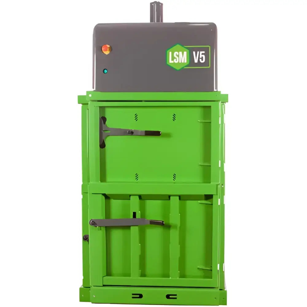 Green and gray vertical waste baler with bale ejection system for small cardboard recycling