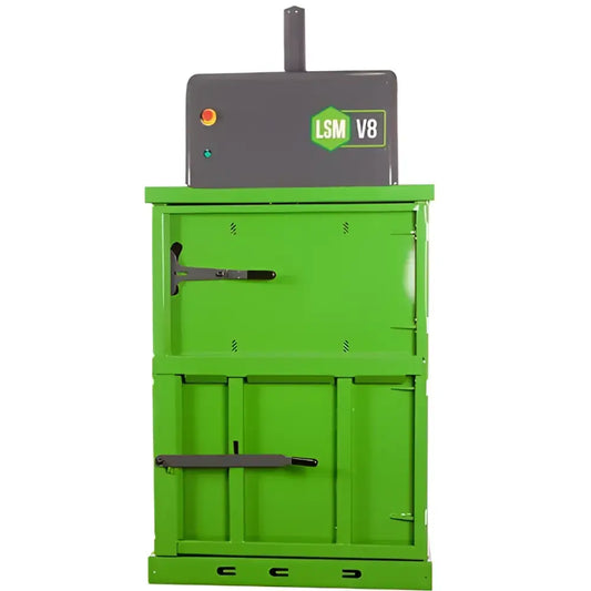 Green and gray vertical baler for warehouse waste management in commercial operations equipment